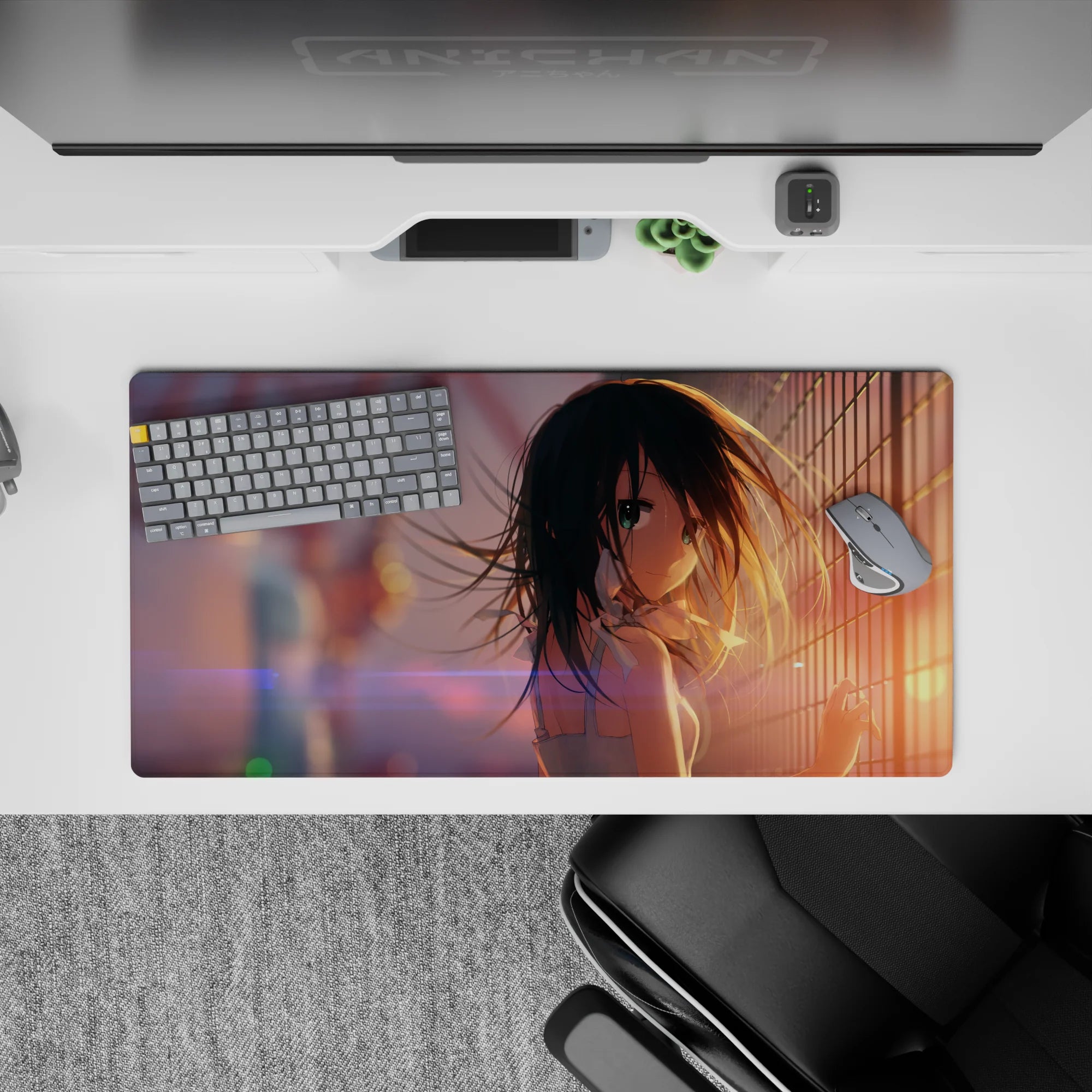 Anime girl mouse pad 32x16 inches in warm sunset tones, lilac flares, dreamy bokeh, soft lonely vibe.