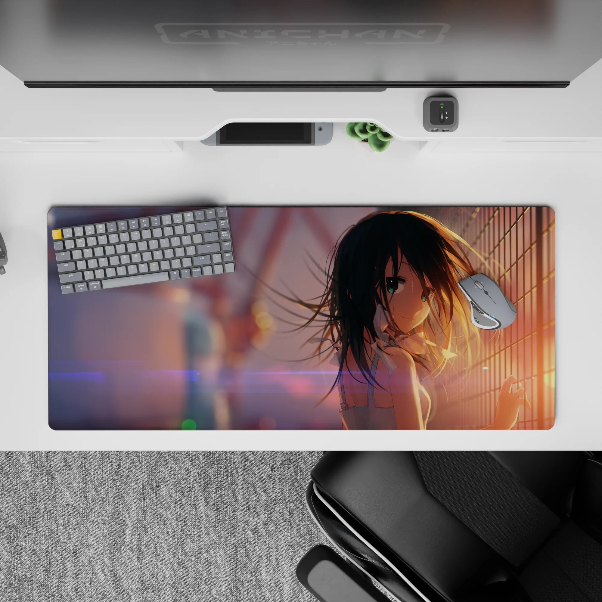 Sunset glow 36x16 inches anime desk pad in lilac flares and dreamy bokeh, sweet lonely late-night vibe.