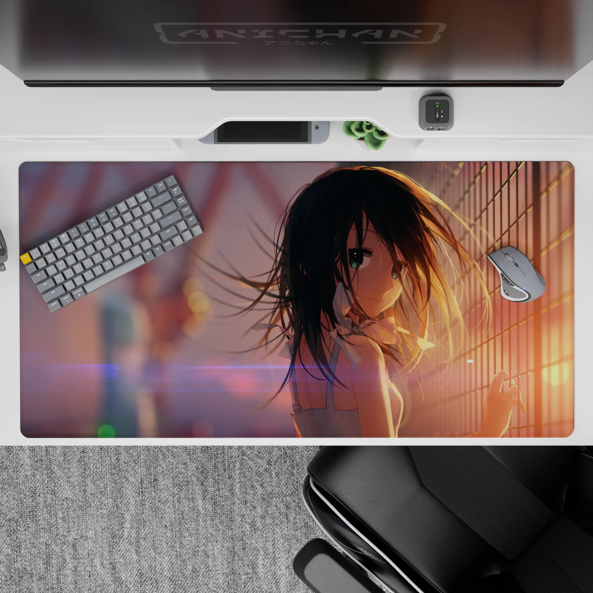 Warm sunset glow anime desk pad 40x20 inches in lilac lens flares, dreamy bokeh, sweet lonely vibe.