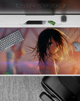 Warm sunset glow anime desk pad 40x20 inches in lilac lens flares, dreamy bokeh, sweet lonely vibe.