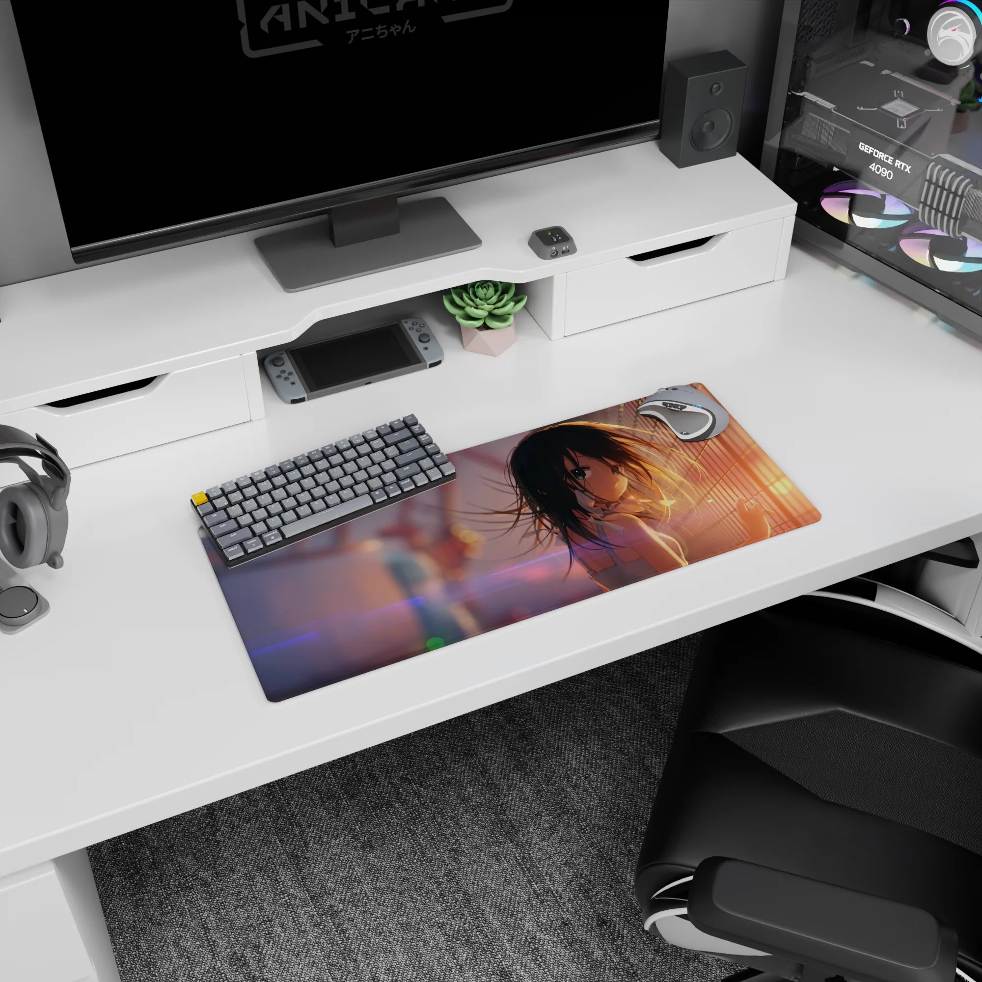 28x12 inches mouse pad featuring teal-eyed anime girl looking back, long dark hair in breeze, white strappy top.