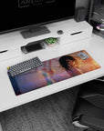 32x12 inches anime girl mouse pad showing a teal-eyed girl looking back, hair in the wind at sunset.