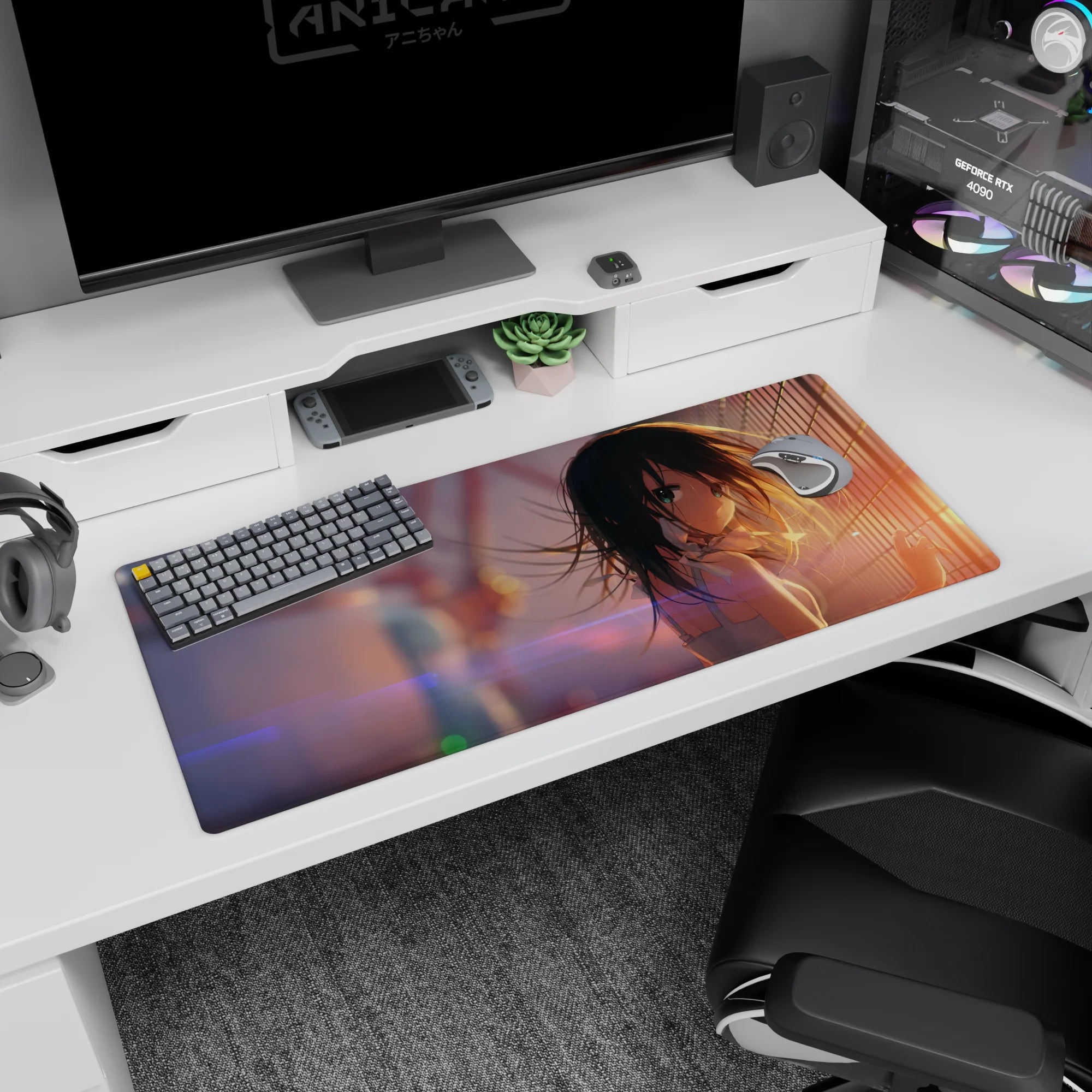 36x16 inches anime girl desk pad featuring teal-eyed girl looking back, hair in breeze, white strappy top.