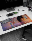 36x16 inches anime girl desk pad featuring teal-eyed girl looking back, hair in breeze, white strappy top.