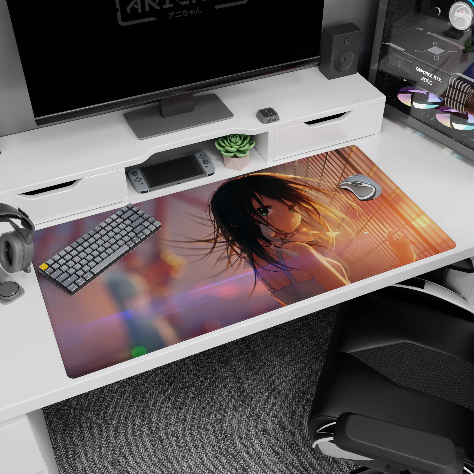 Teal-eyed anime girl looking back on a rooftop desk pad 40x20 inches, dark hair in breeze, white top.