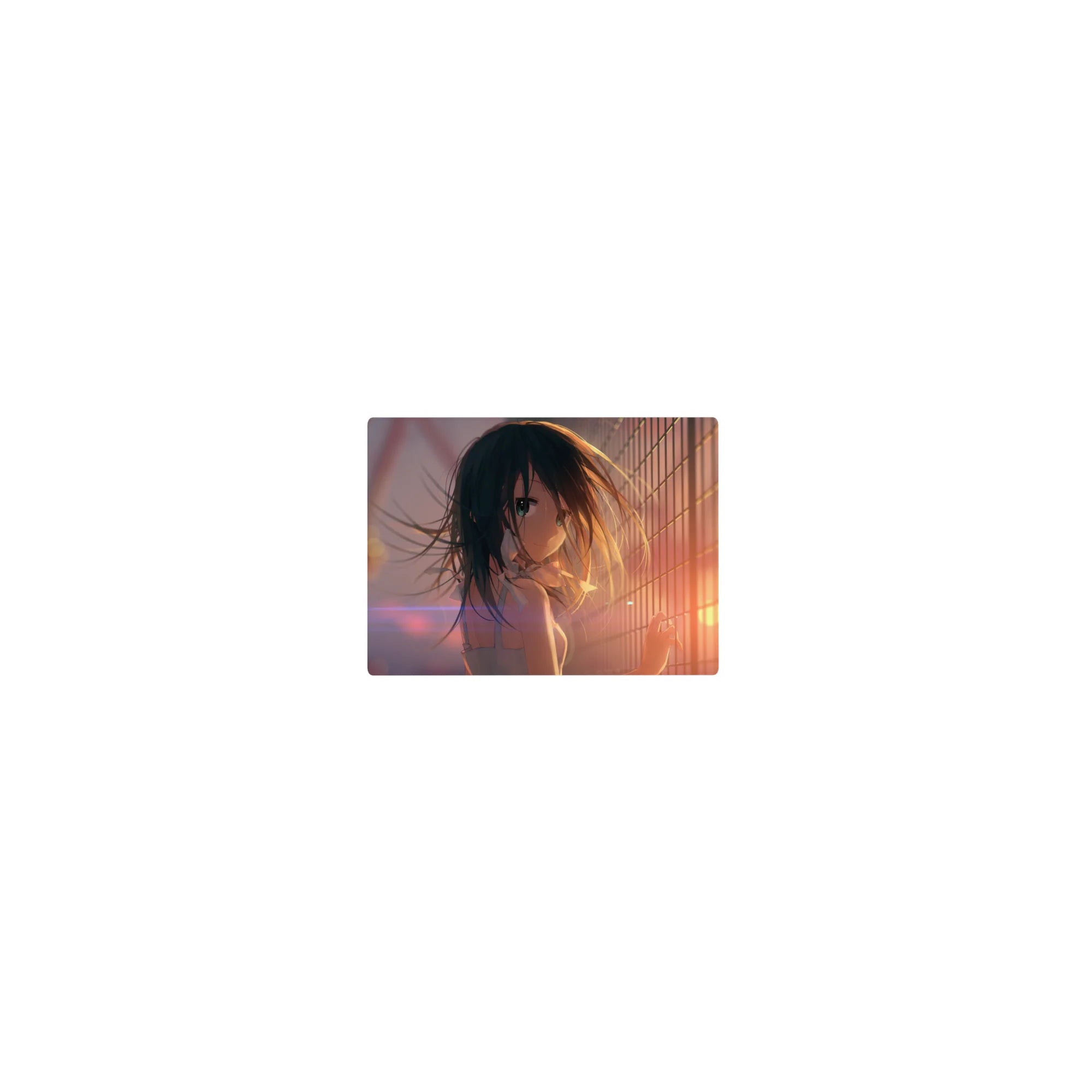 Classic anime girl mouse pad 14x10 inches, rooftop fence backdrop with bokeh and lens flare.