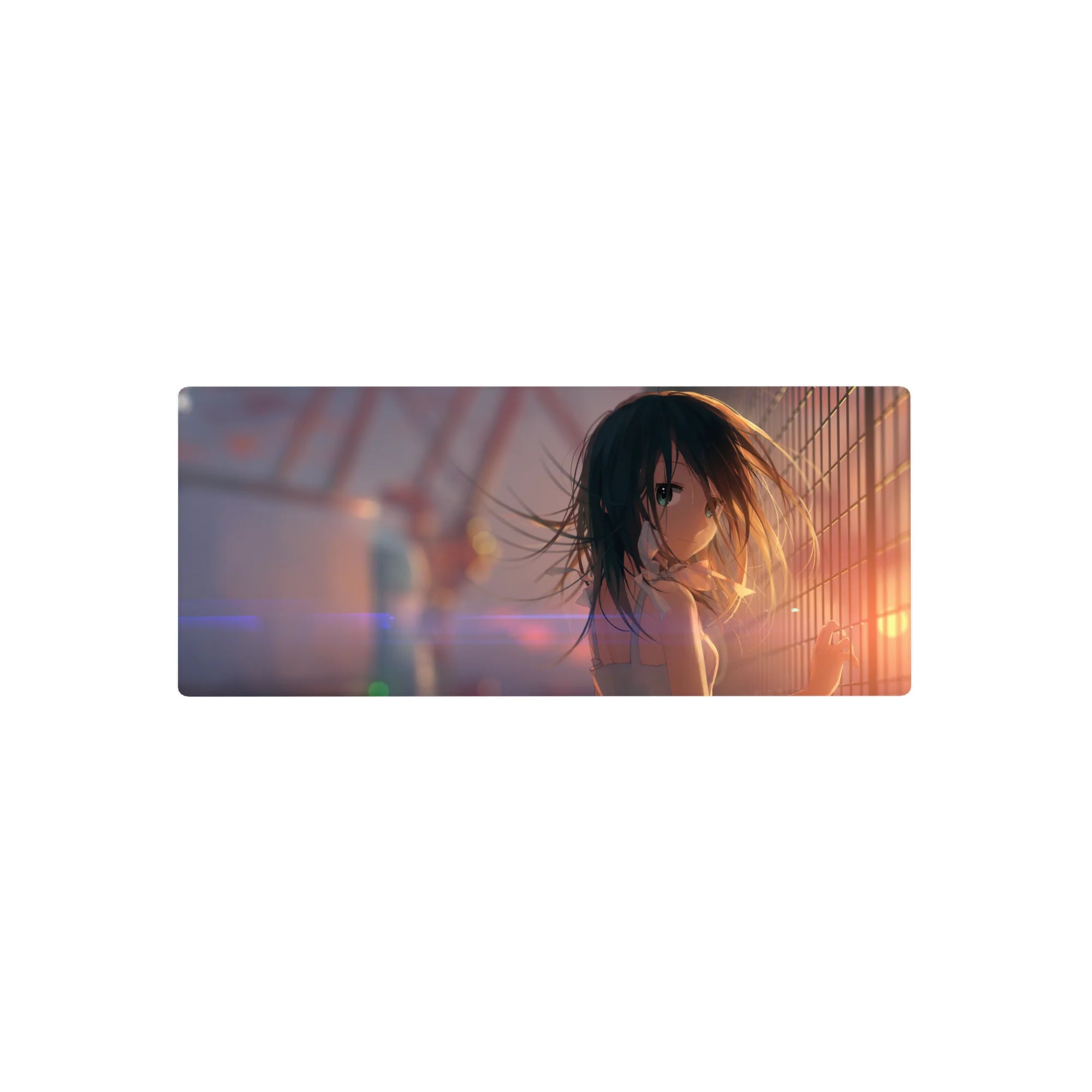 28x12 inches anime girl mouse pad with rooftop fence grid, teal-eyed girl, dark hair, sunset bokeh.