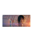 28x12 inches anime girl mouse pad with rooftop fence grid, teal-eyed girl, dark hair, sunset bokeh.