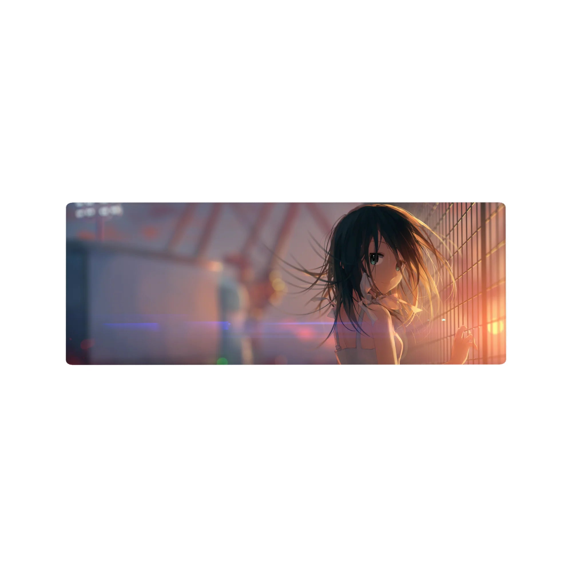 32x12 inches anime girl mouse pad with rooftop fence grid, teal eyes, long dark hair, and bokeh glow.
