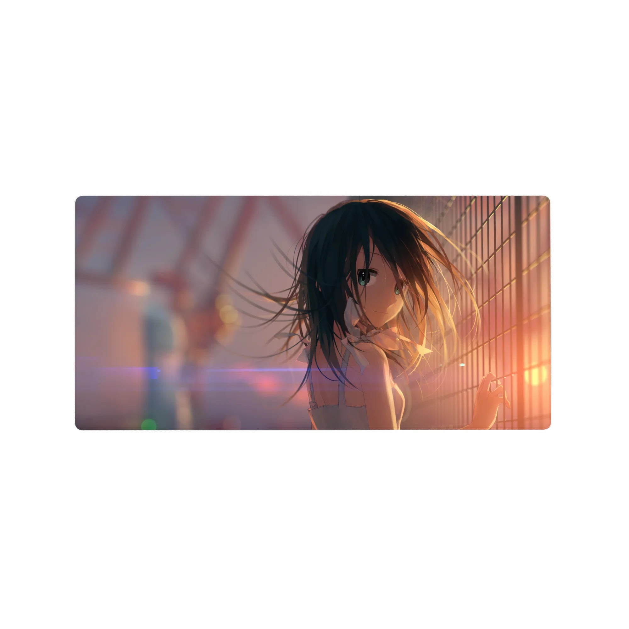 Anime girl mouse pad 32x16 inches, rooftop fence grid scene with bokeh and lens flare sunset glow.