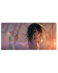 Anime girl mouse pad 32x16 inches, rooftop fence grid scene with bokeh and lens flare sunset glow.