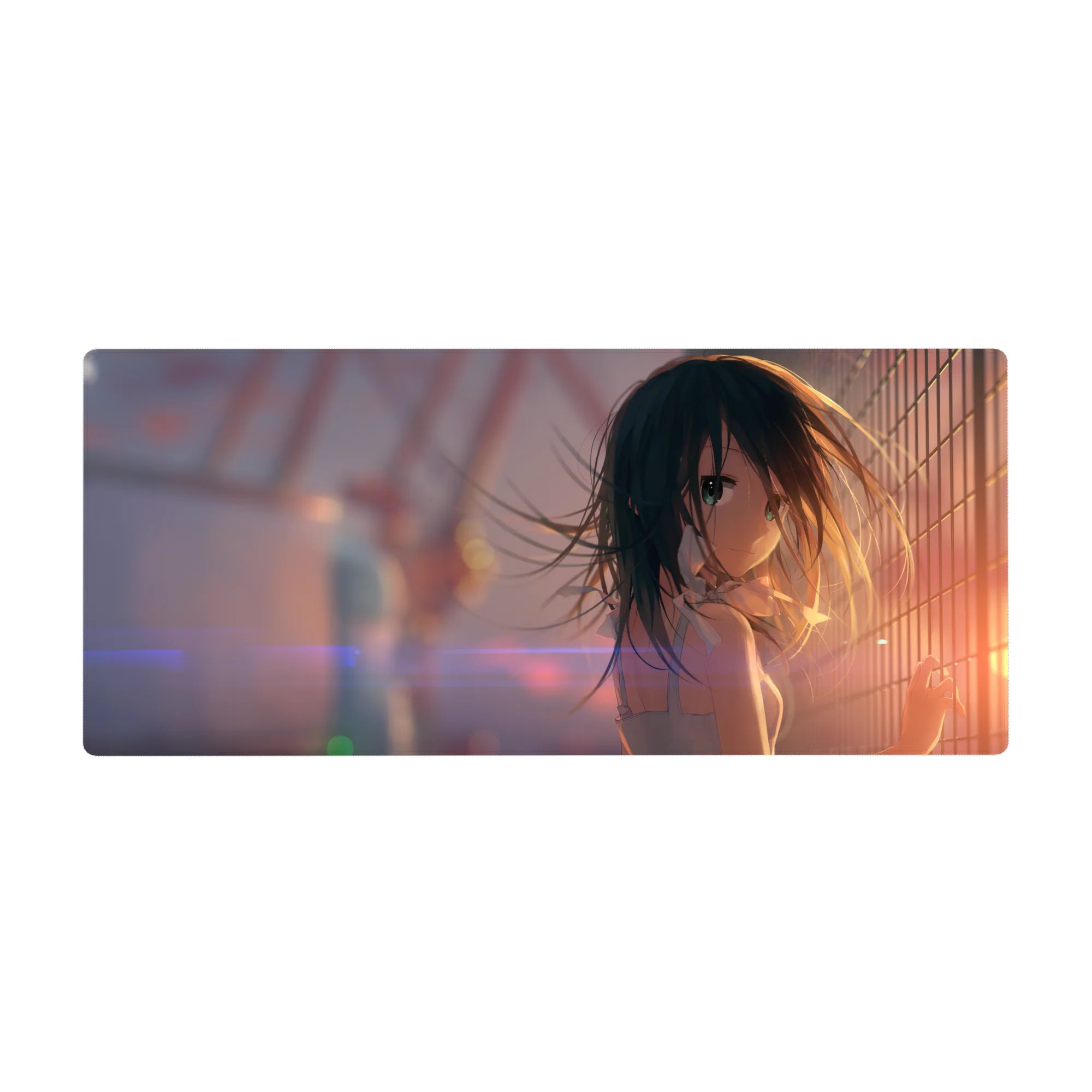 Anime girl desk pad 36x16 inches with rooftop fence grid, teal eyes, flowing dark hair, bokeh background.