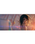 Anime girl desk pad 36x16 inches with rooftop fence grid, teal eyes, flowing dark hair, bokeh background.