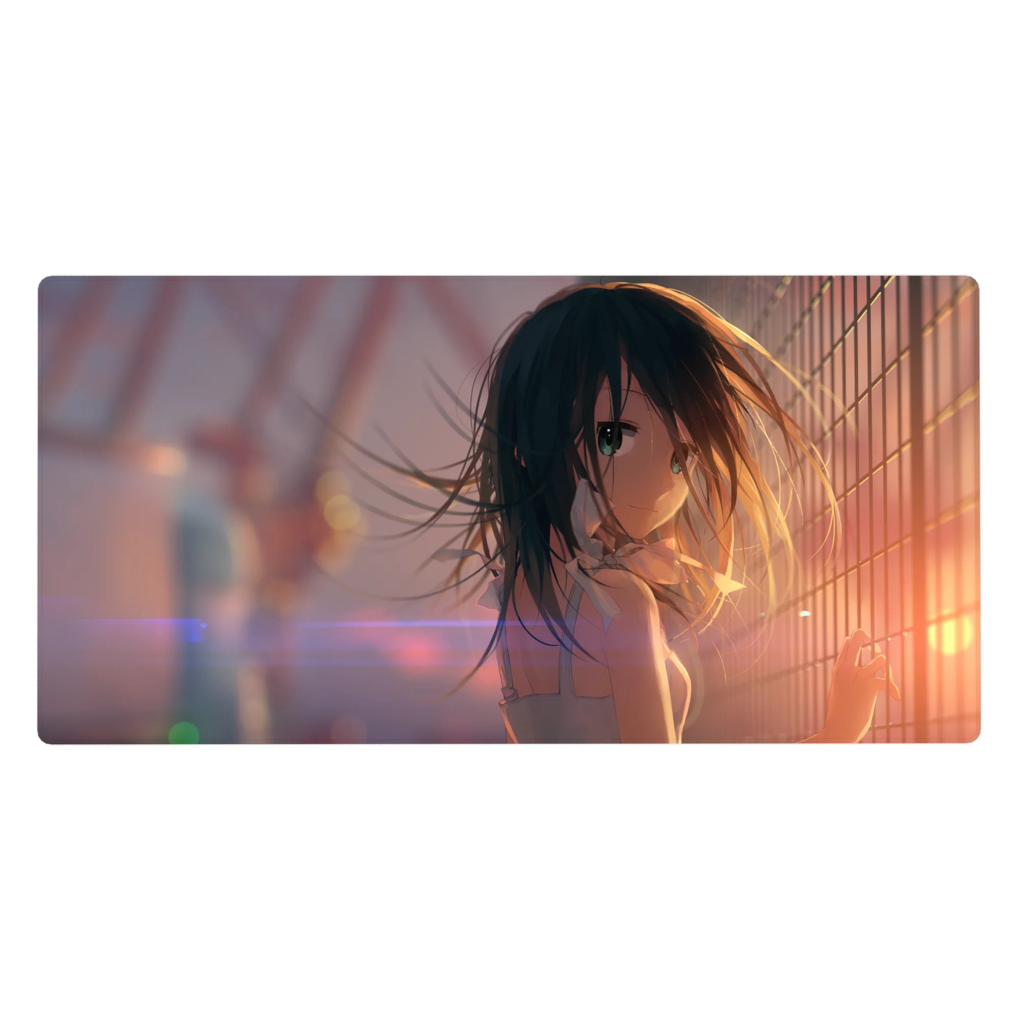 Anime girl desk pad 40x20 inches with rooftop fence grid, teal eyes, flowing dark hair, bokeh flares.