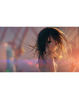 Anime girl desk pad 40x20 inches with rooftop fence grid, teal eyes, flowing dark hair, bokeh flares.