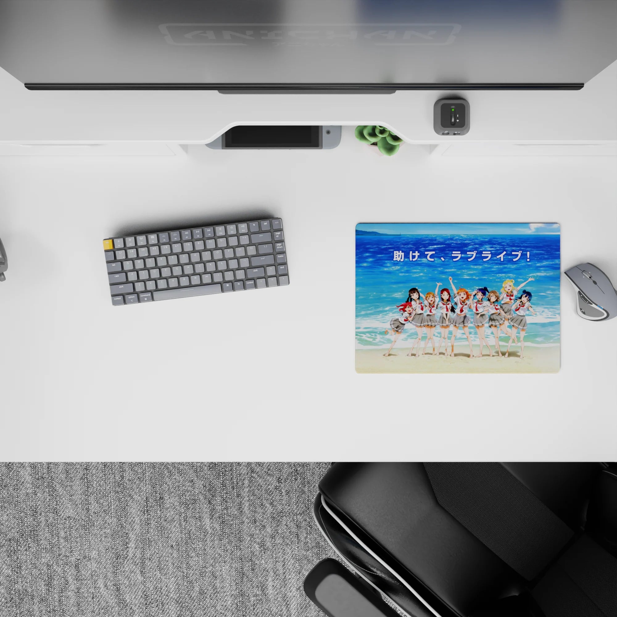 Ocean-blue seaside anime girl mouse pad with red ribbons and school uniforms, 14x10 inches.