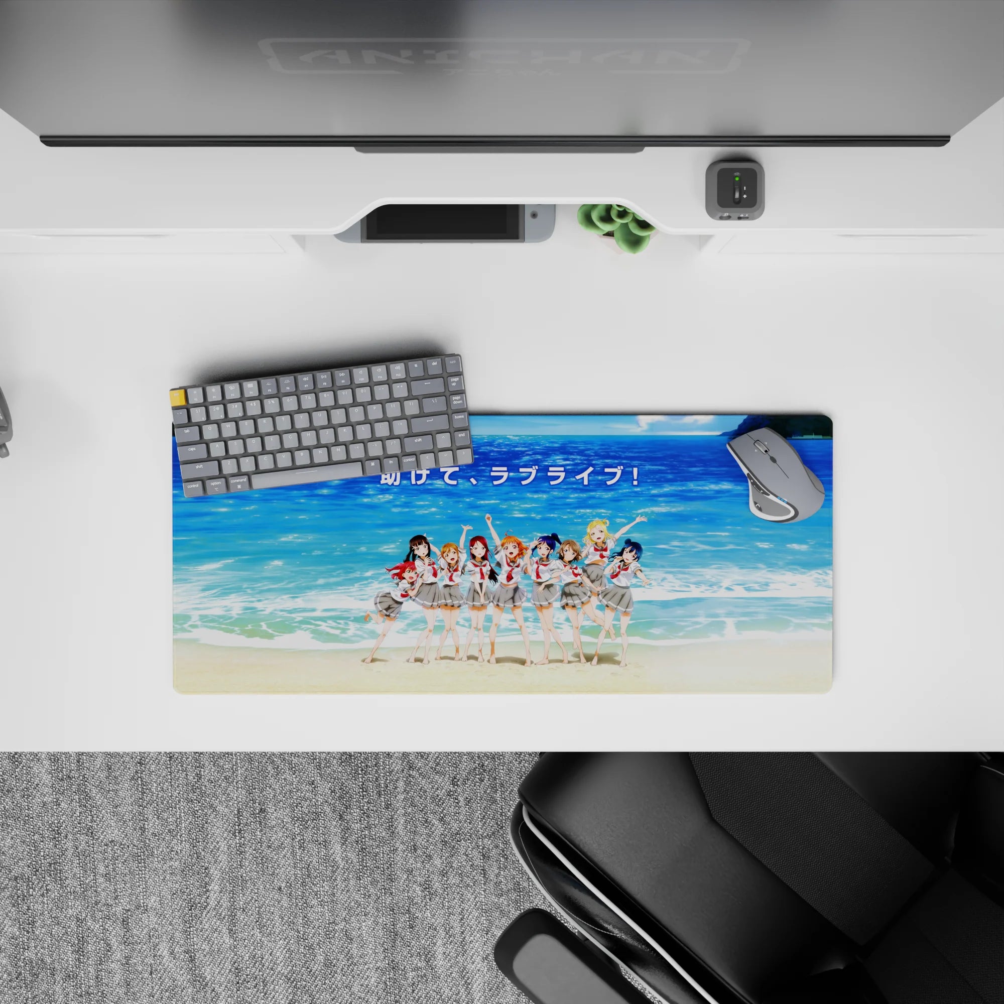 Ocean-blue beach mood anime girl mouse pad 28x12 inches with red ribbons and nostalgic summer vibes.