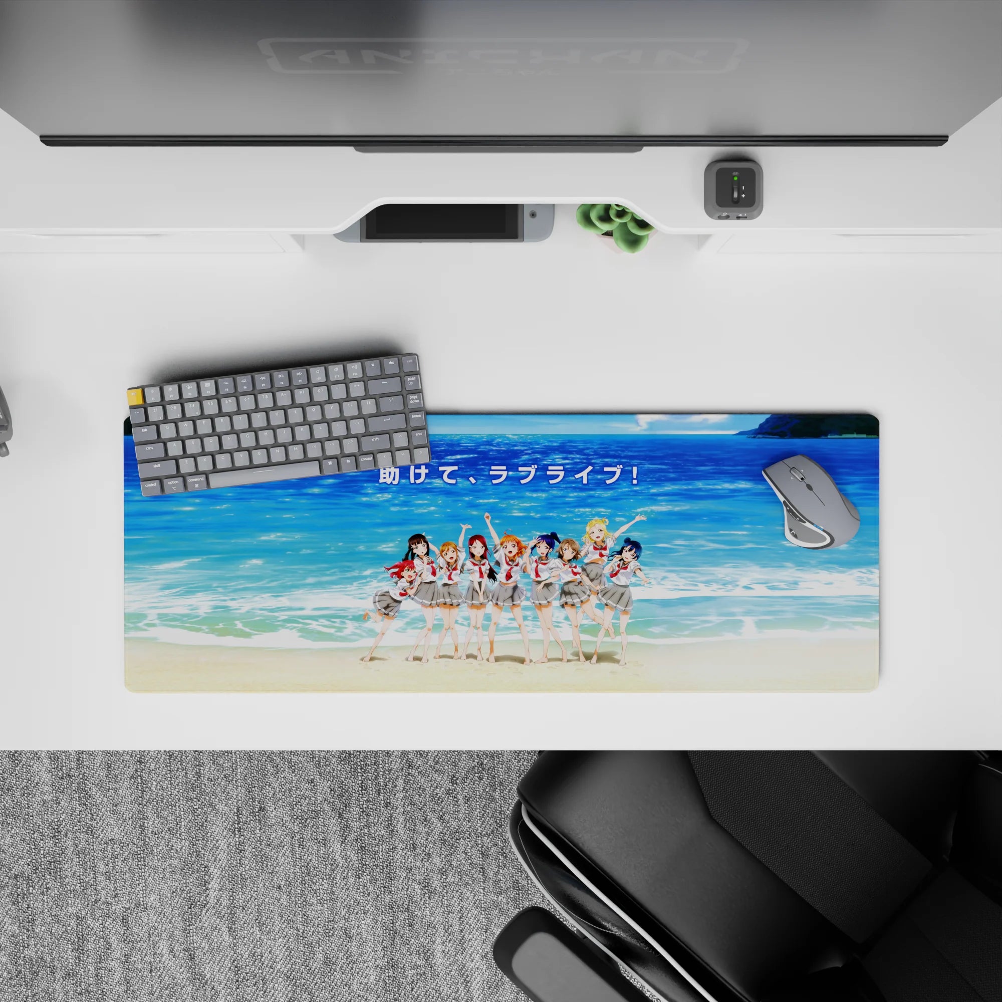Ocean-blue beach scene anime girl mouse pad 32x12 inches, red ribbon accents, bright nostalgic vibe.