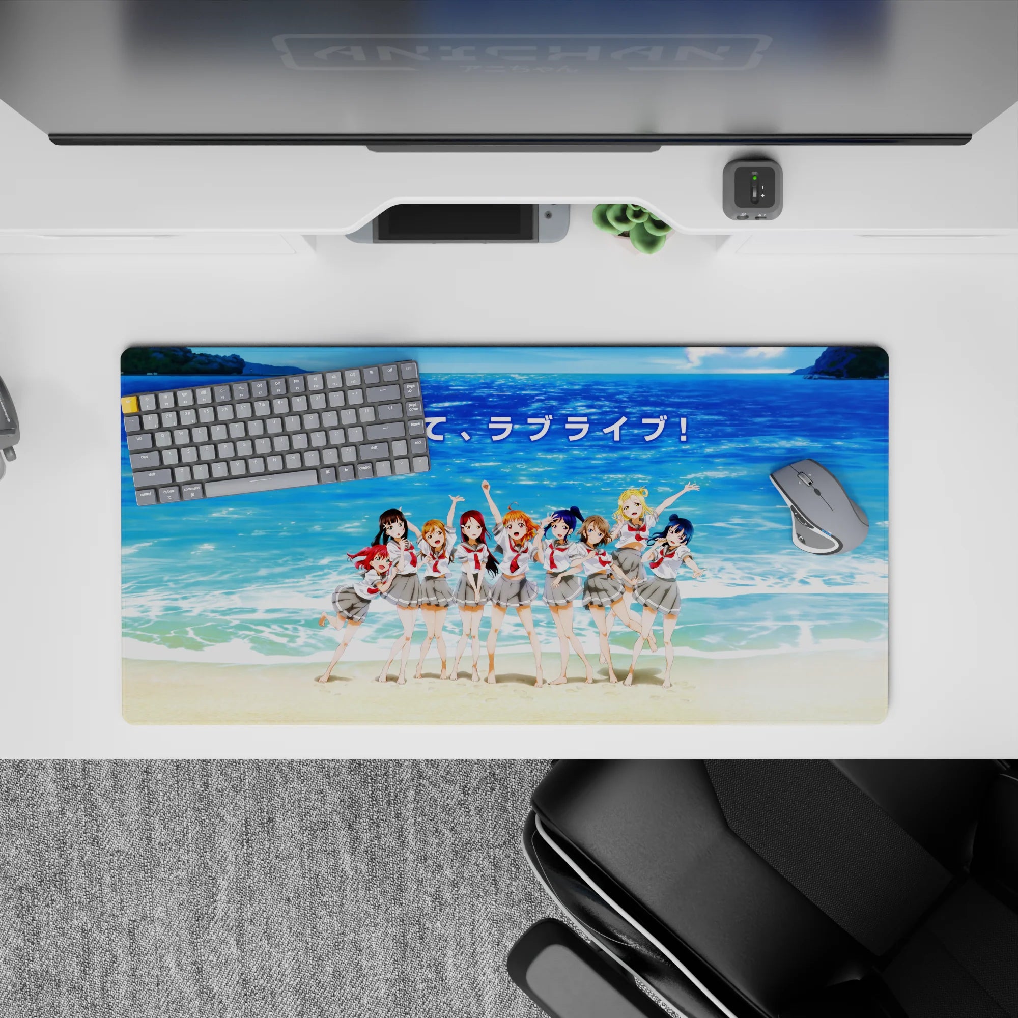 Ocean-blue beach vibe anime girl mouse pad 32x16 inches with red ribbon accents and nostalgic feel.