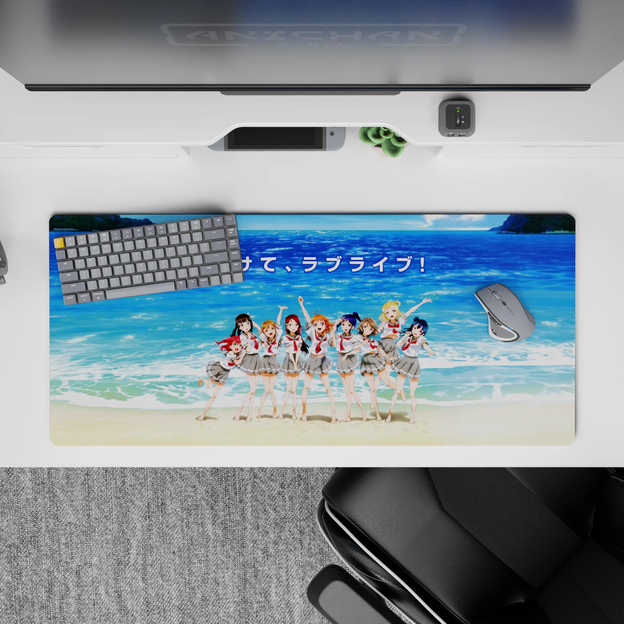 Ocean blue beach mood desk pad 36x16 inches, bright red ribbons and nostalgic sunny anime vibes.