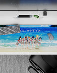 Ocean blue beach mood desk pad 36x16 inches, bright red ribbons and nostalgic sunny anime vibes.