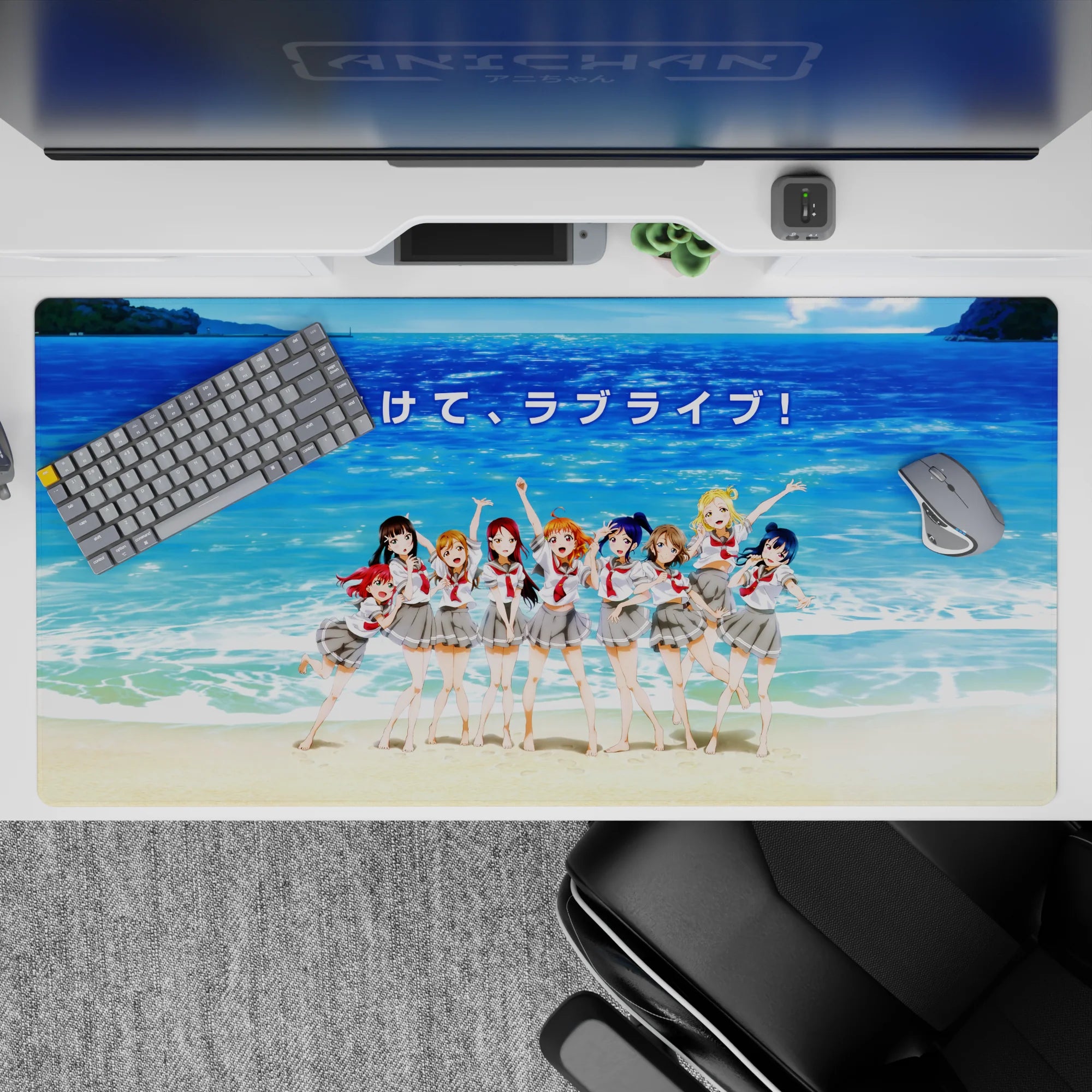 Ocean blue beach mood anime desk pad 40x20 inches, sparkling sea backdrop and red ribbon accents.