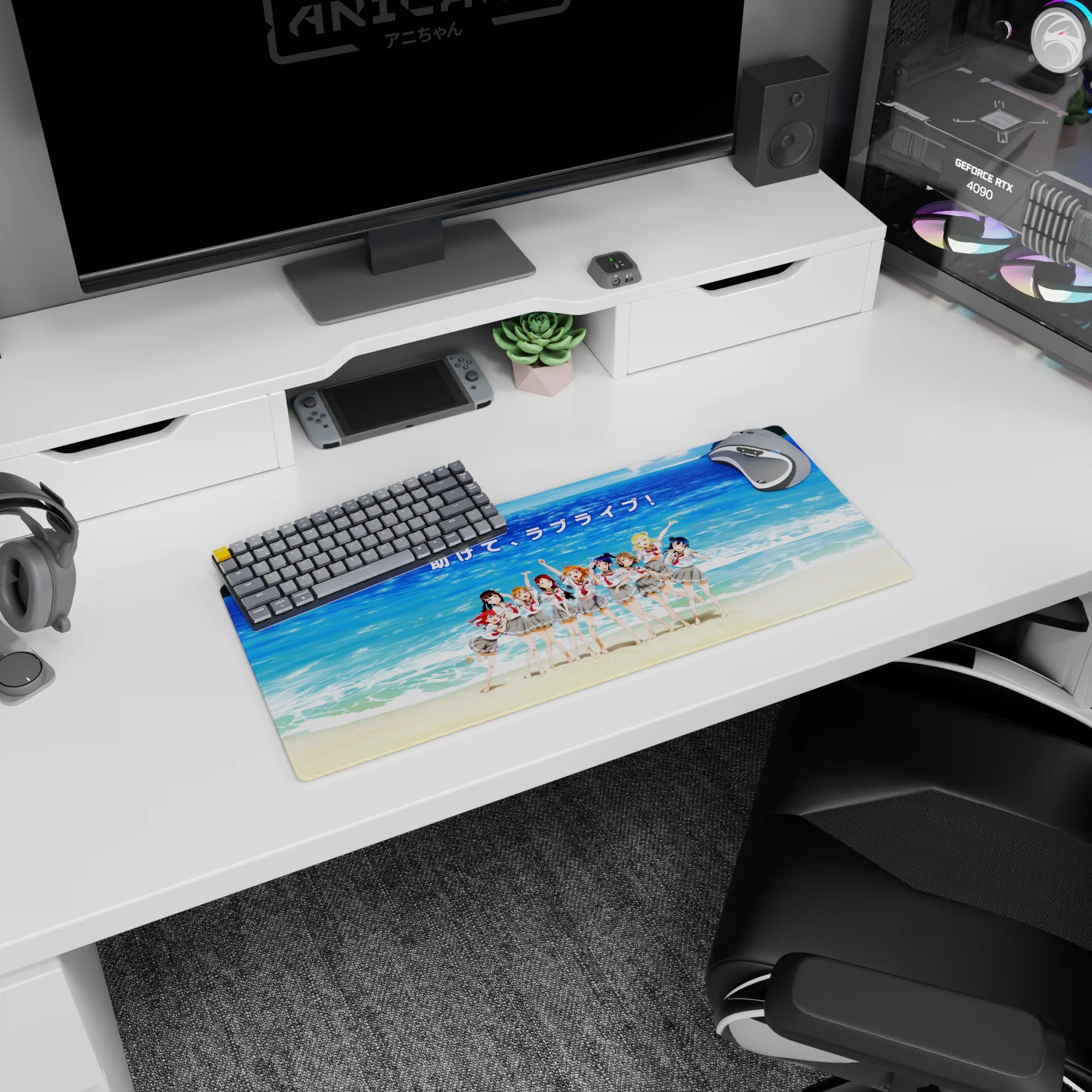 Chika Takami and Aqours cheering beachside on an anime girl mouse pad 28x12 inches, ocean backdrop.