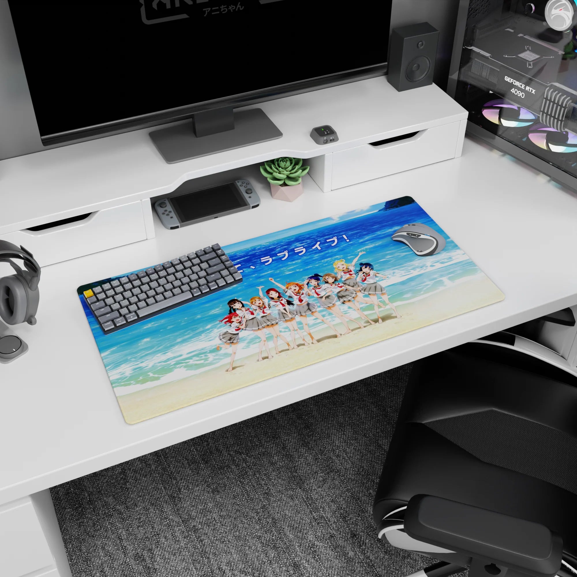 Chika Takami and Aqours cheering at a seaside backdrop anime girl mouse pad 32x16 inches.