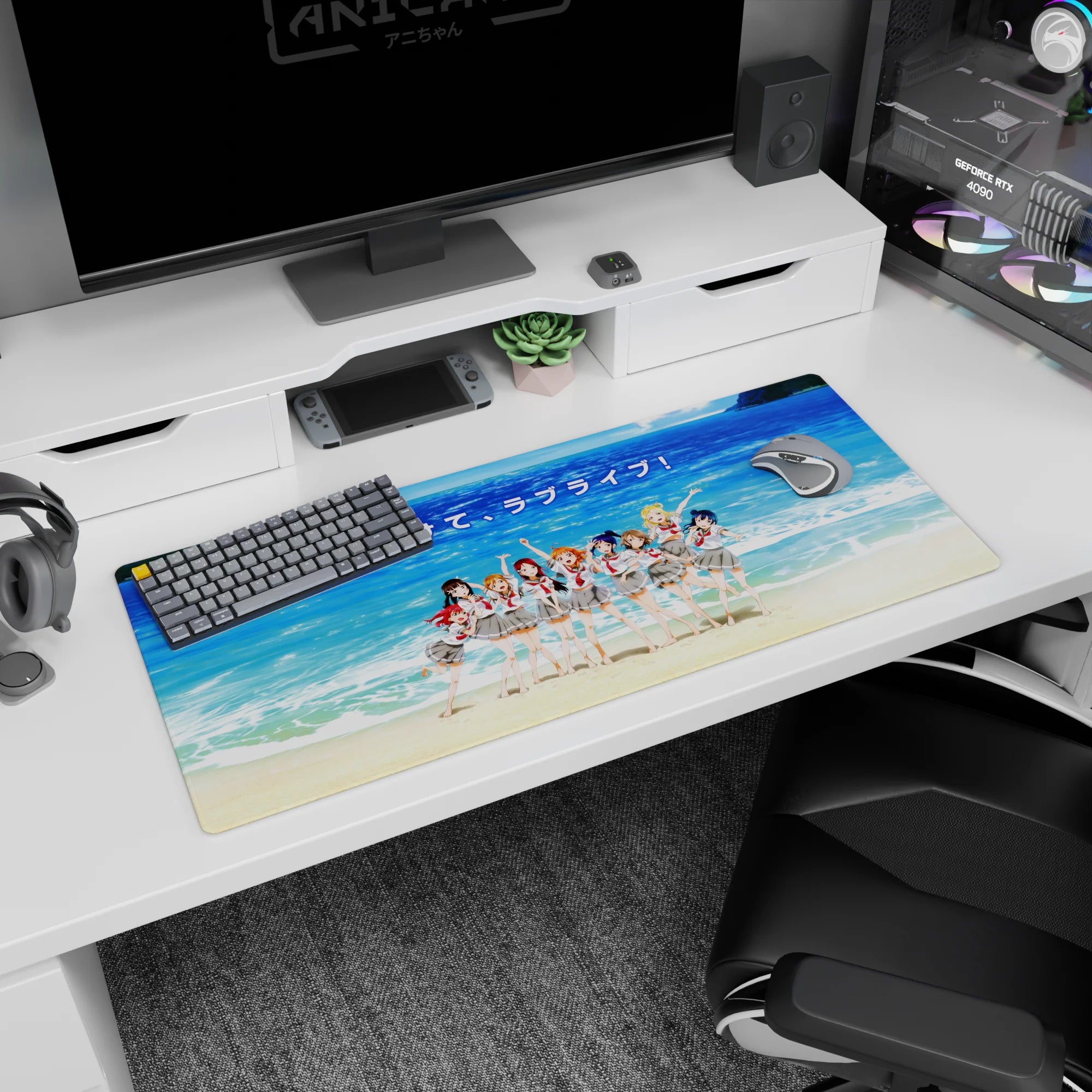 Chika Takami and Aqours seaside group scene desk pad 36x16 inches, sparkling ocean backdrop.