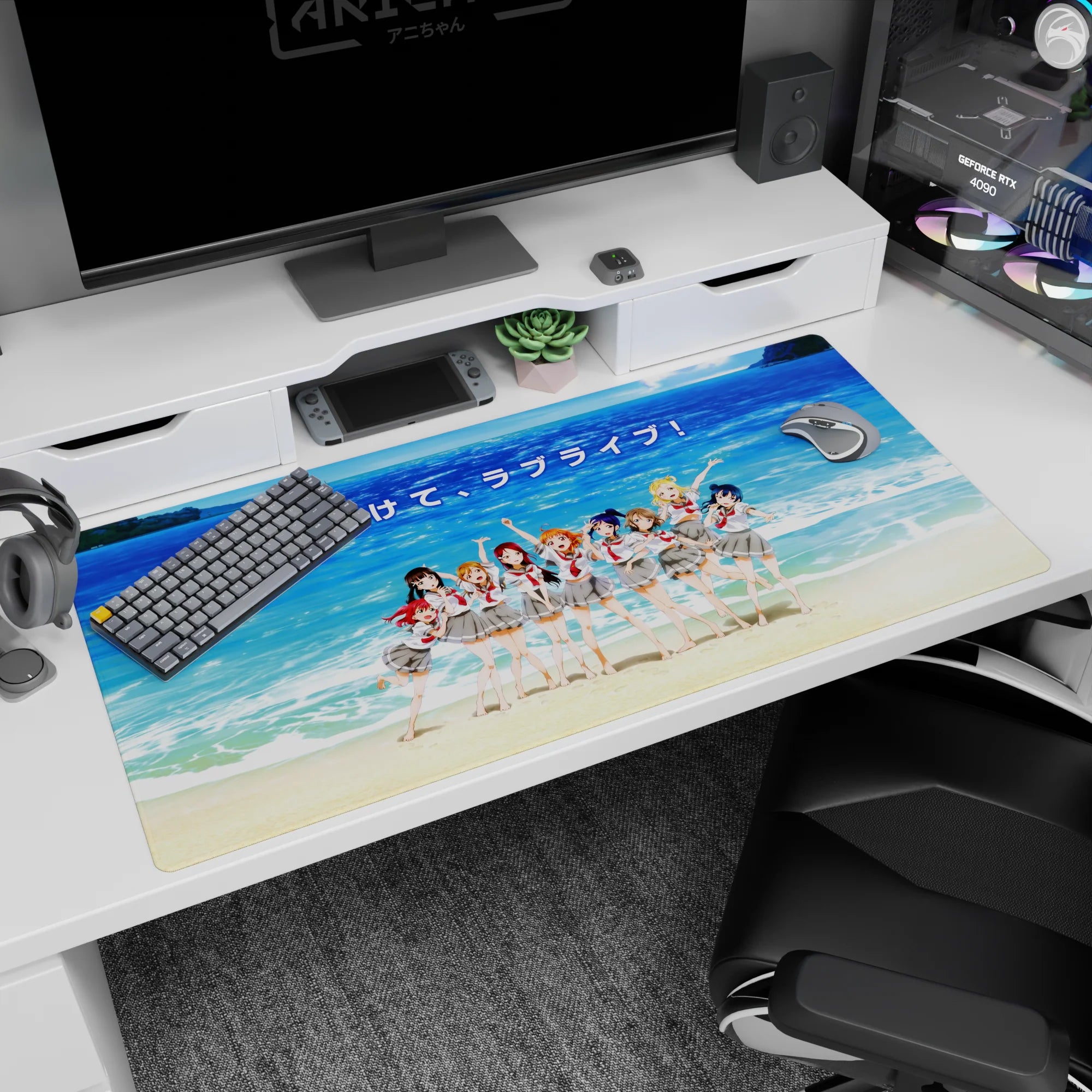 Chika Takami and Aqours cheering seaside on an anime desk pad 40x20 inches, bright summer scene.