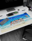 Chika Takami and Aqours cheering seaside on an anime desk pad 40x20 inches, bright summer scene.
