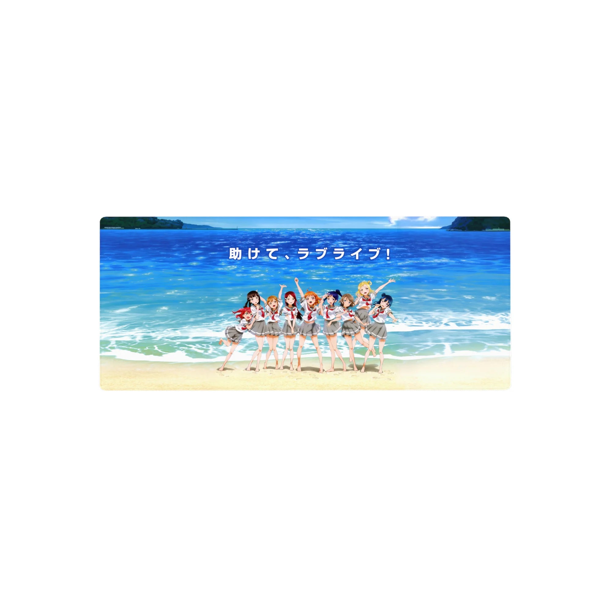 Love Live! Sunshine!! anime girl mouse pad 28x12 inches with Aqours in school uniforms by the sea.