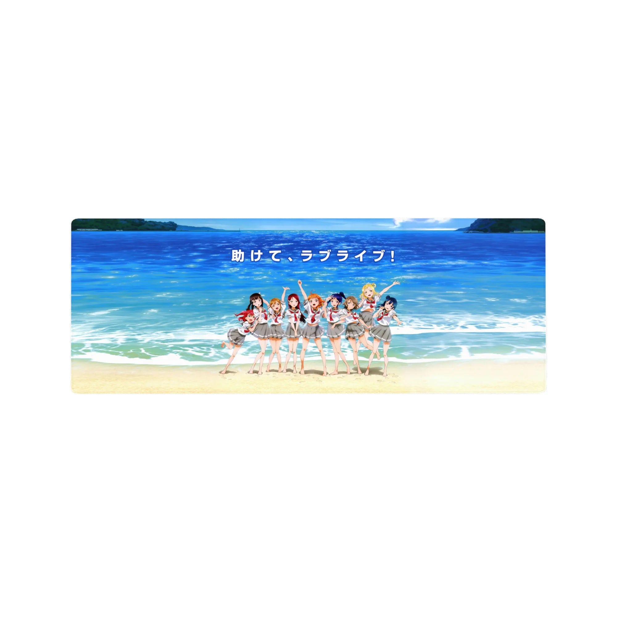 Love Live! Sunshine!! anime girl mouse pad 32x12 inches with nine girls in school uniforms at the beach.