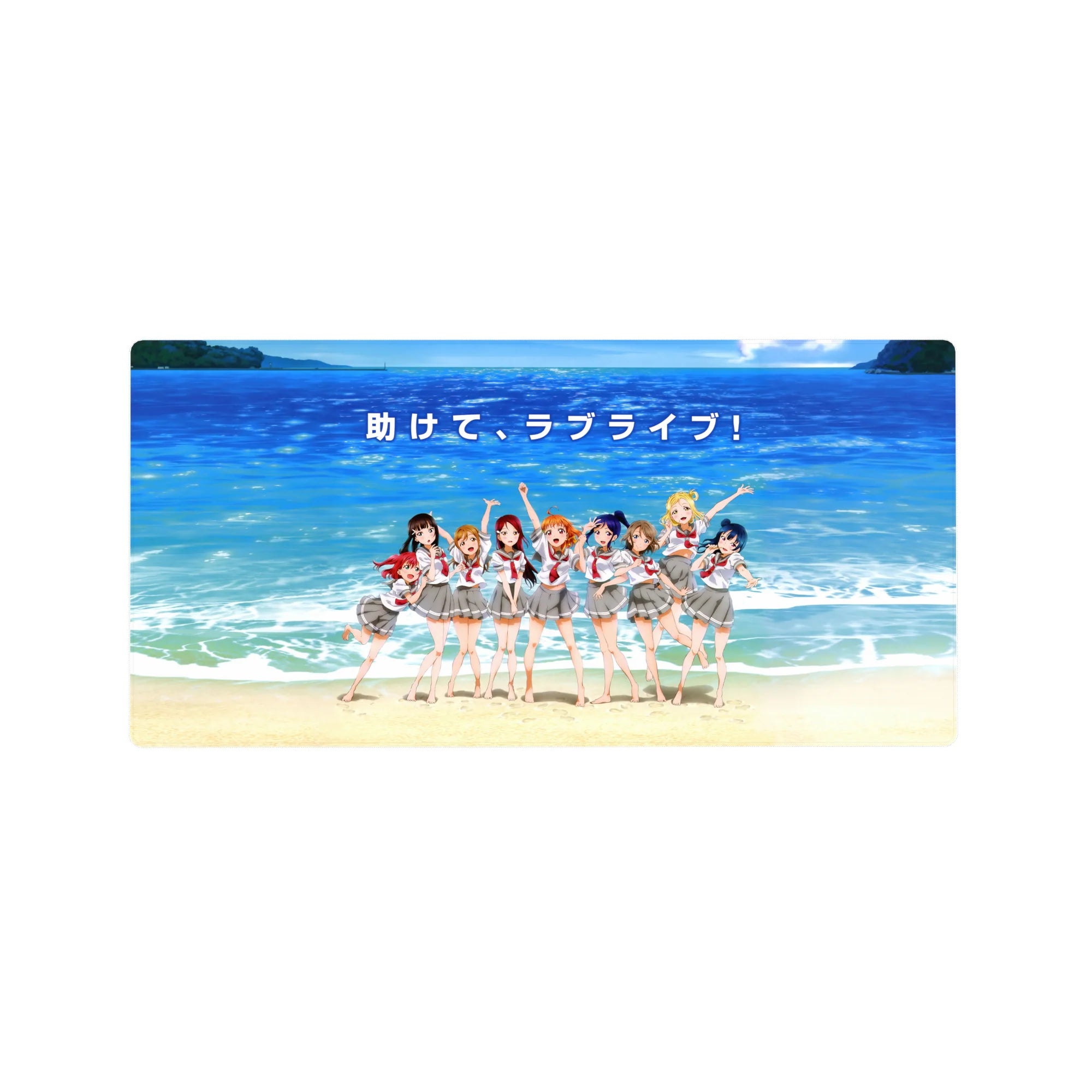 Love Live! Sunshine!! anime girl mouse pad 32x16 inches with Aqours in school uniforms by the sea.