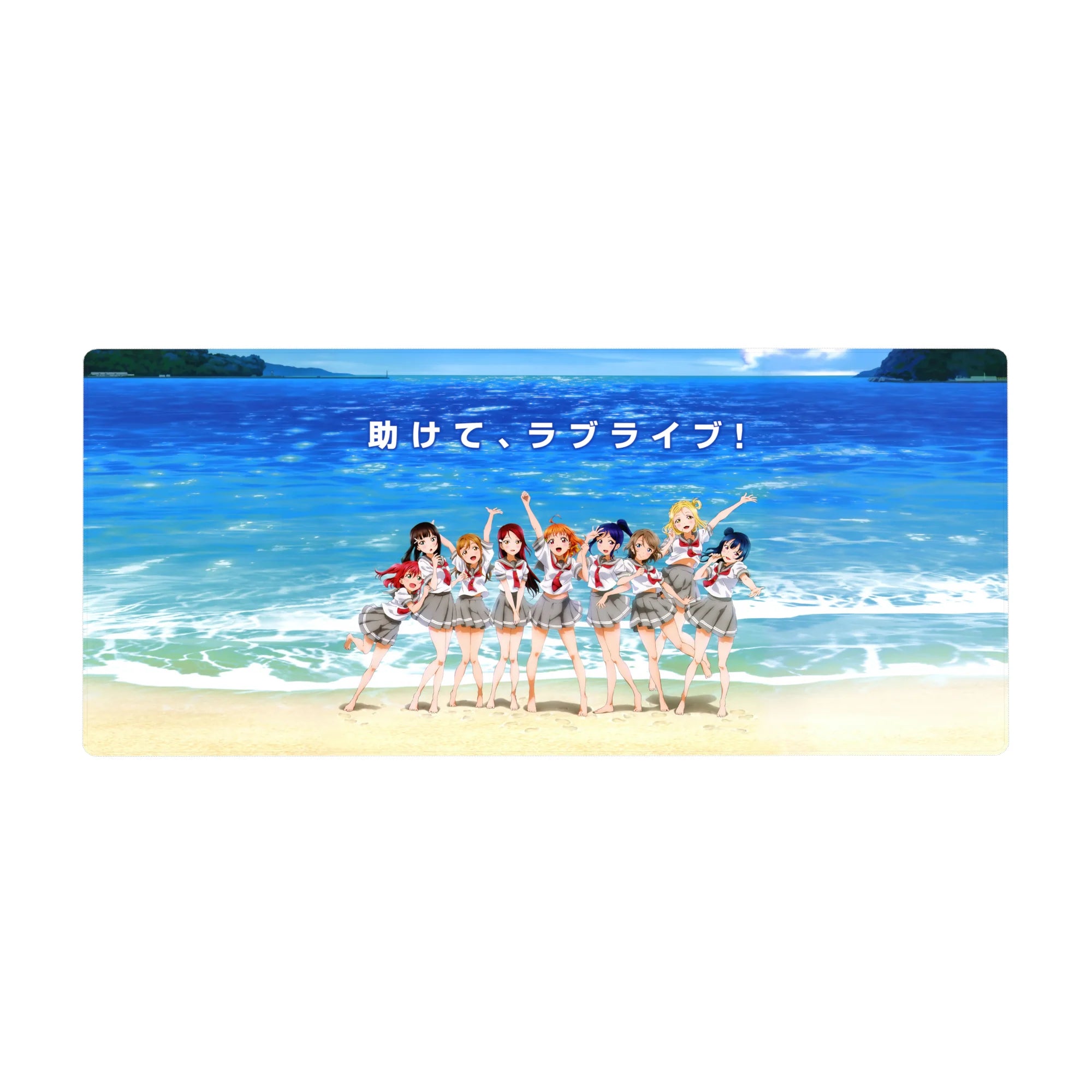 Love Live! Sunshine!! anime girl desk pad 36x16 inches with Aqours in school uniforms by the sea.