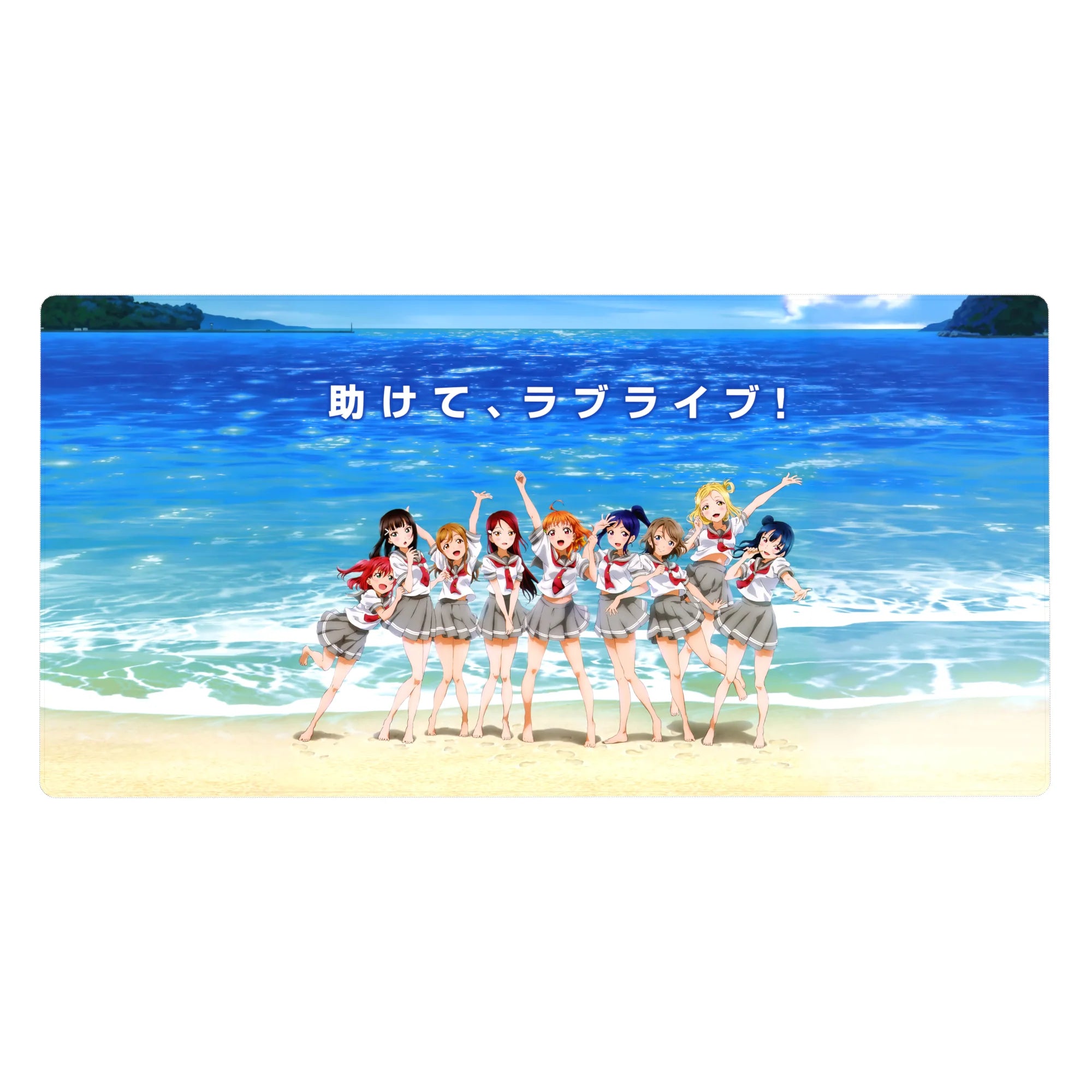 Love Live! Sunshine!! anime girl desk pad 40x20 inches with Aqours in school uniforms at the beach.