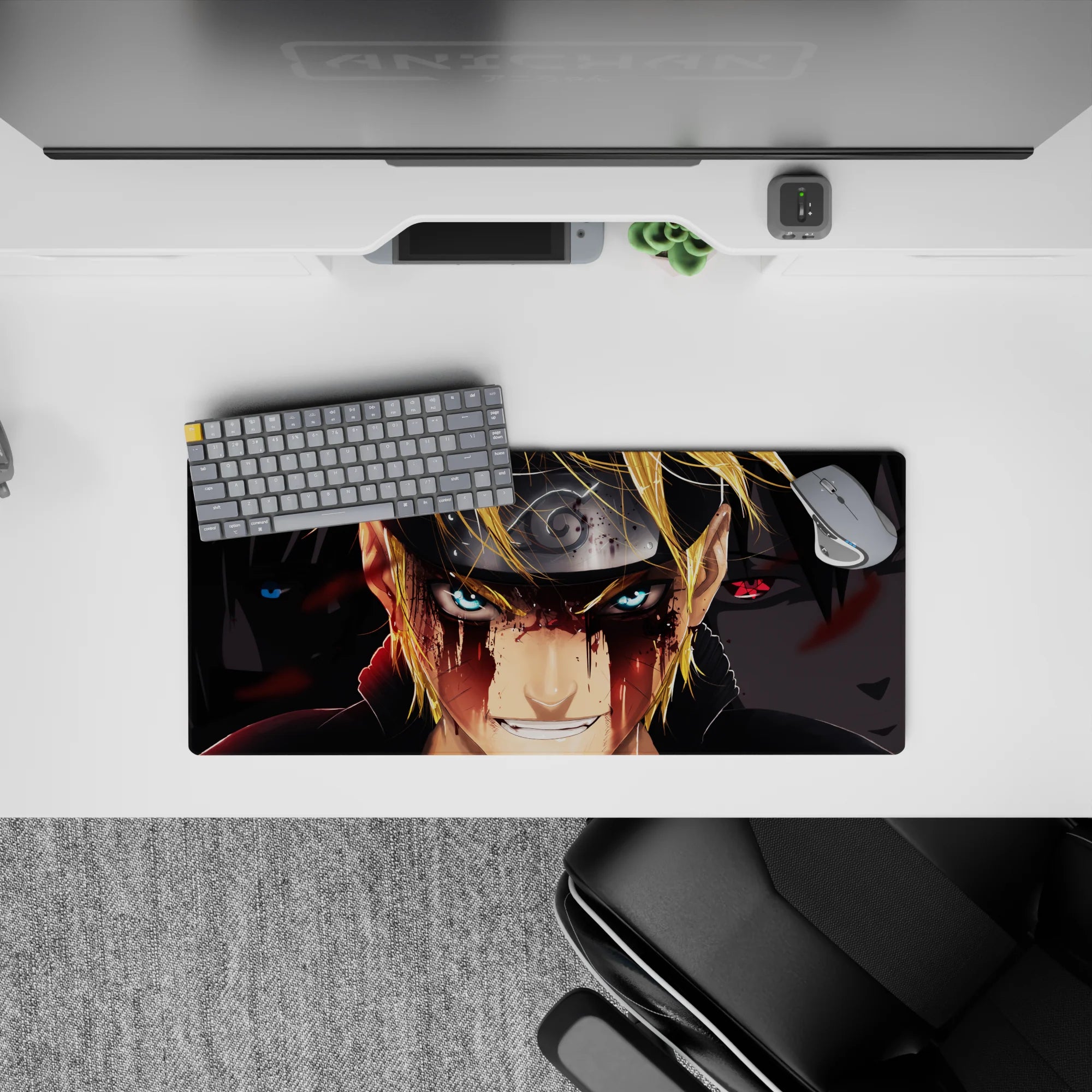 Anime mouse pad 28x12 inches in hot gold, icy blue, and deep black tones with intense showdown vibe.
