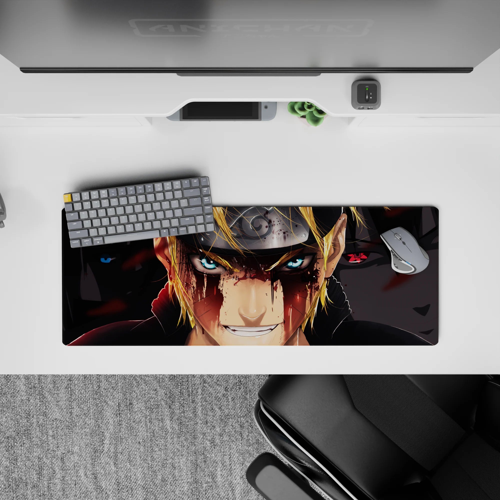 32x12 inches anime desk mat in bold gold, icy blue, and deep black tones with dramatic shadows.