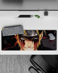 32x12 inches anime desk mat in bold gold, icy blue, and deep black tones with dramatic shadows.