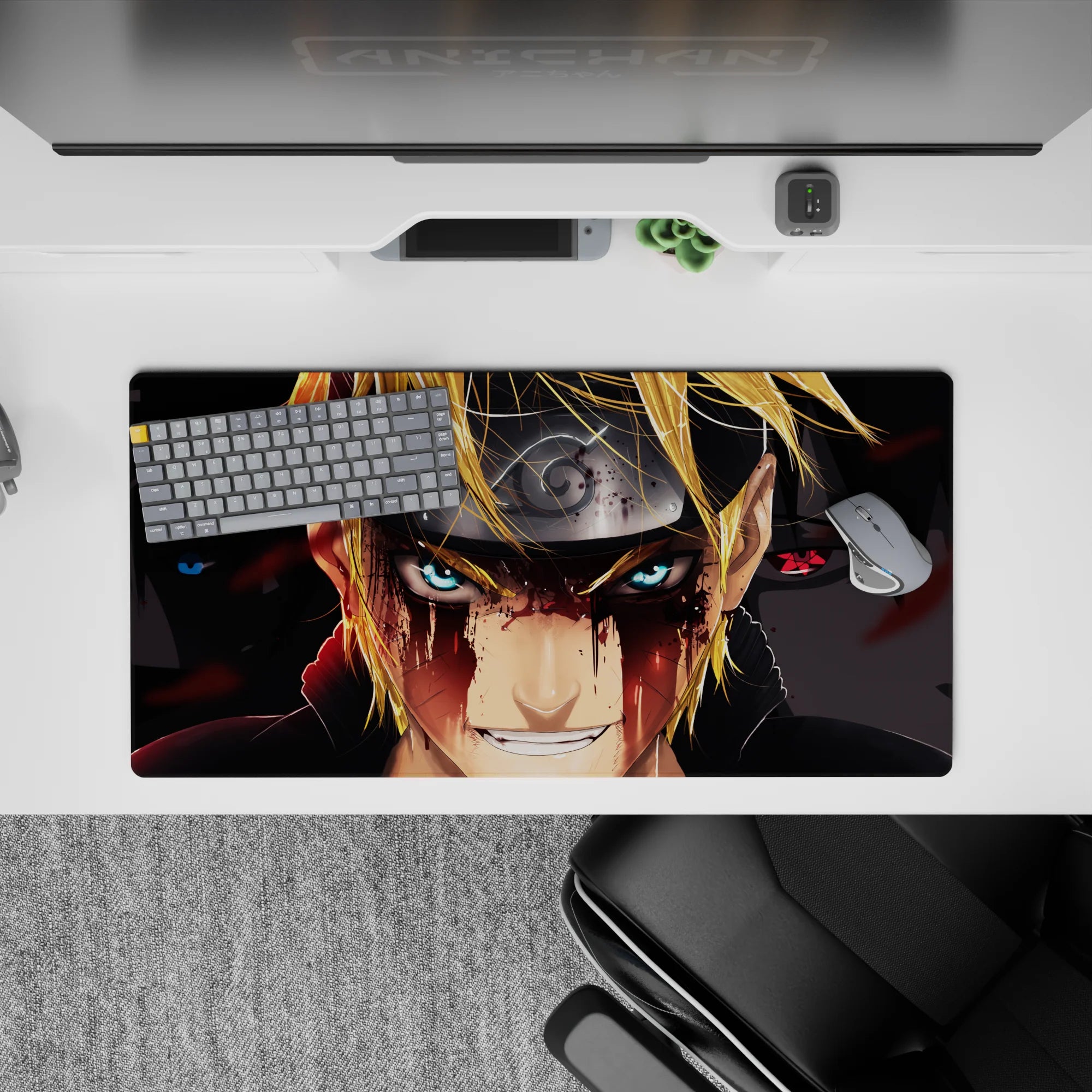 High-contrast gold, icy blue, deep black and red splatter anime desk mat, moody vibe, 32x16 inches.
