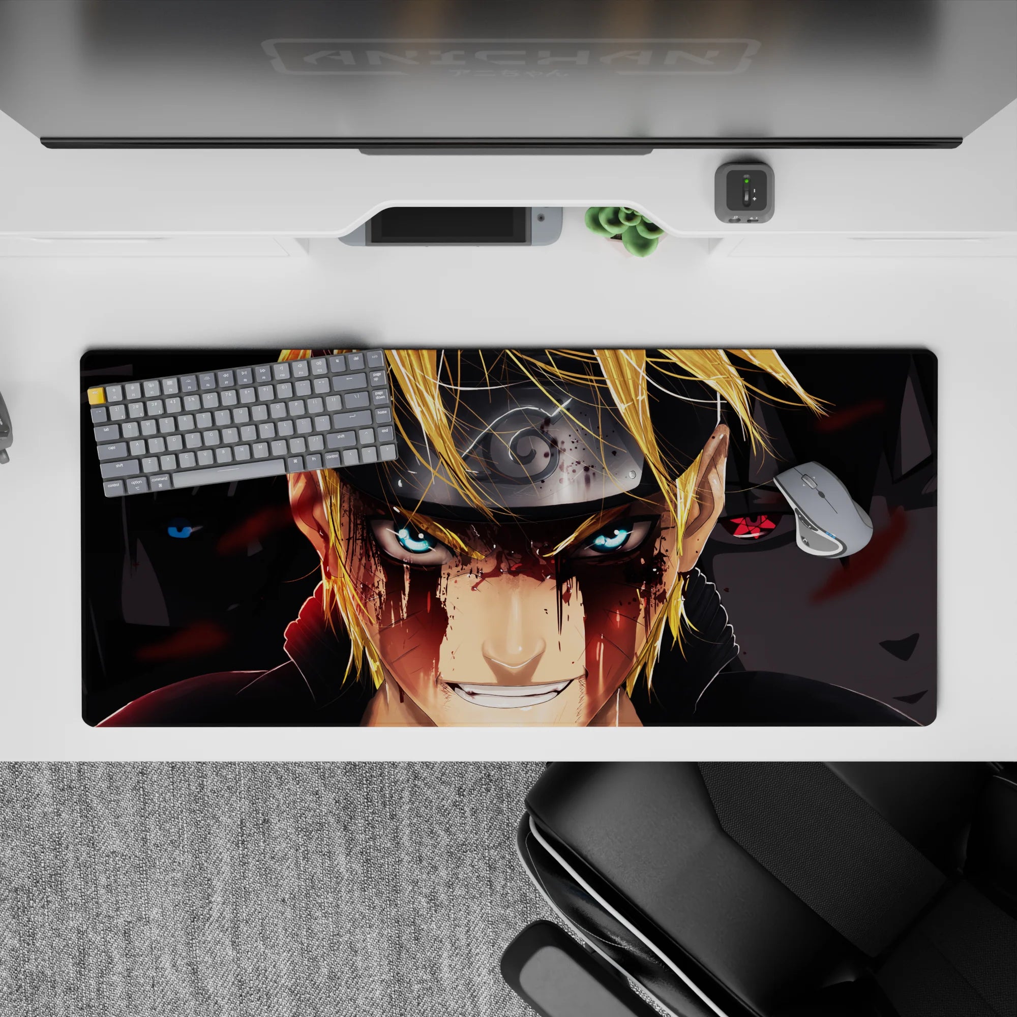 High-contrast anime desk pad 36x16 inches in gold, icy blue, and deep black for a dramatic vibe.