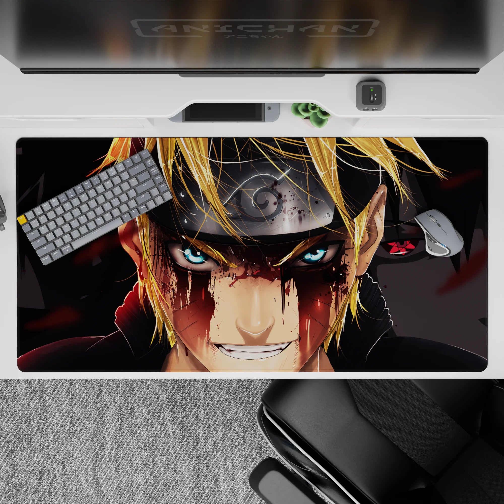40x20 inches anime desk pad in hot gold, icy blue, and deep black tones with intense showdown mood.
