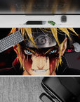 40x20 inches anime desk pad in hot gold, icy blue, and deep black tones with intense showdown mood.
