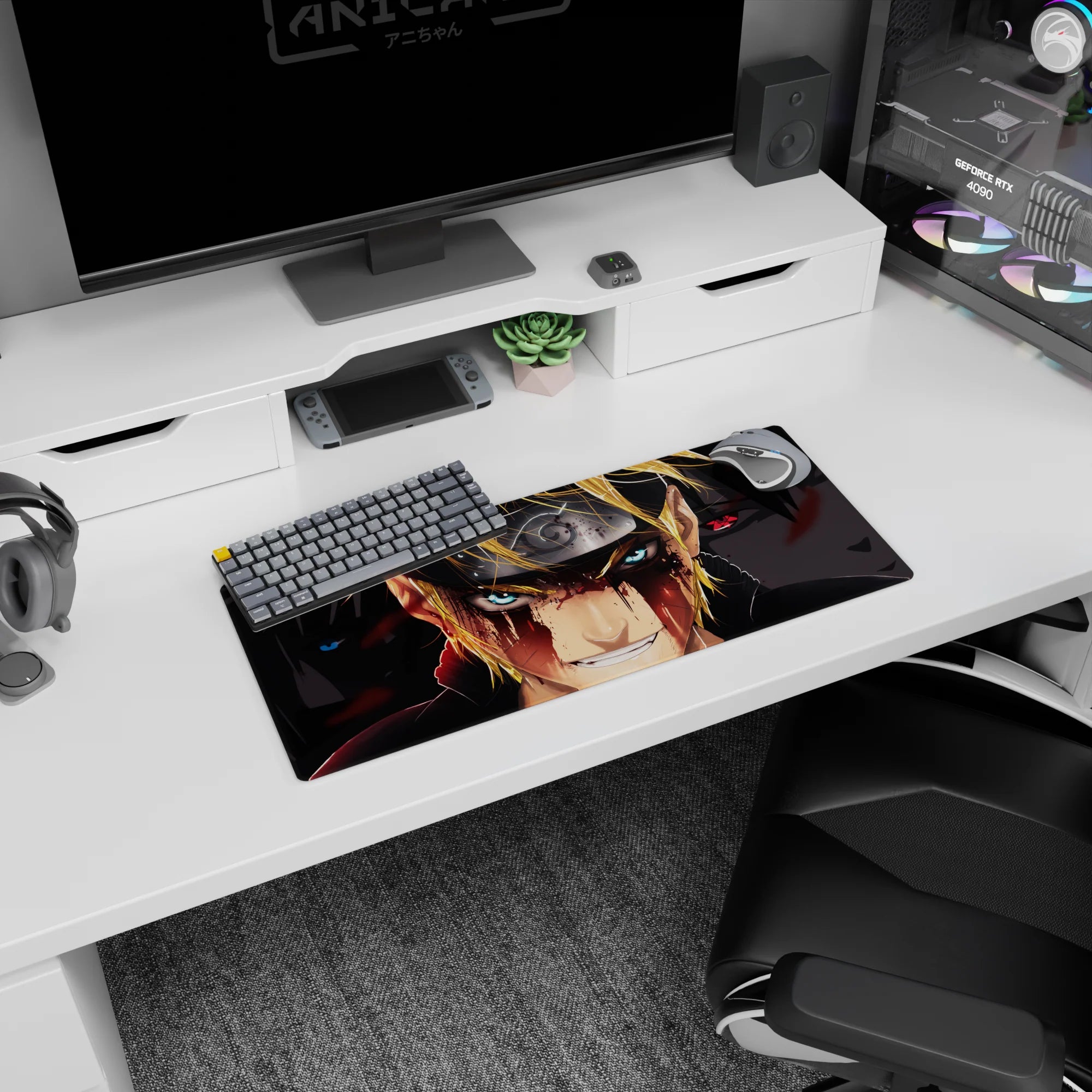Naruto Uzumaki front with gleaming headband and Sasuke Uchiha behind, anime mouse pad 28x12 inches.