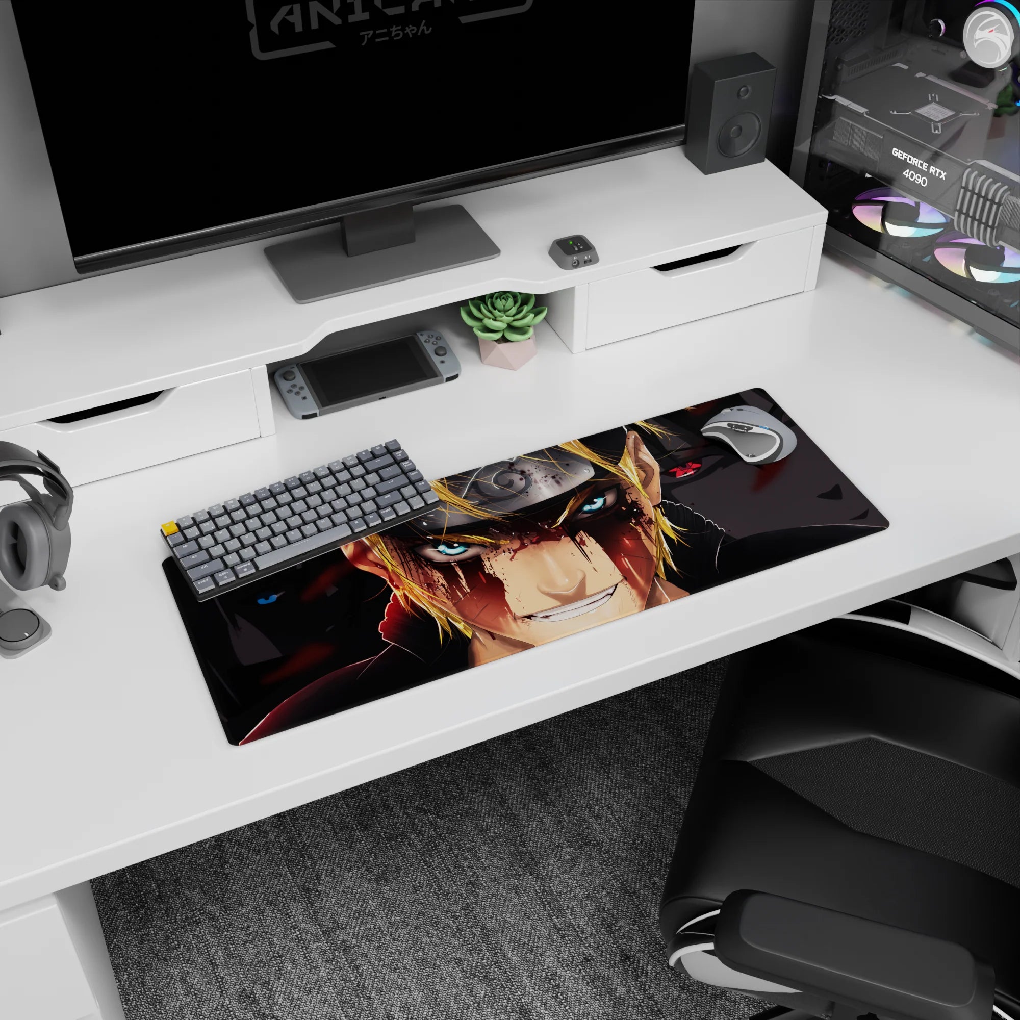 32x12 inches Naruto mouse pad showing Naruto Uzumaki up front and Sasuke behind with Sharingan stare.