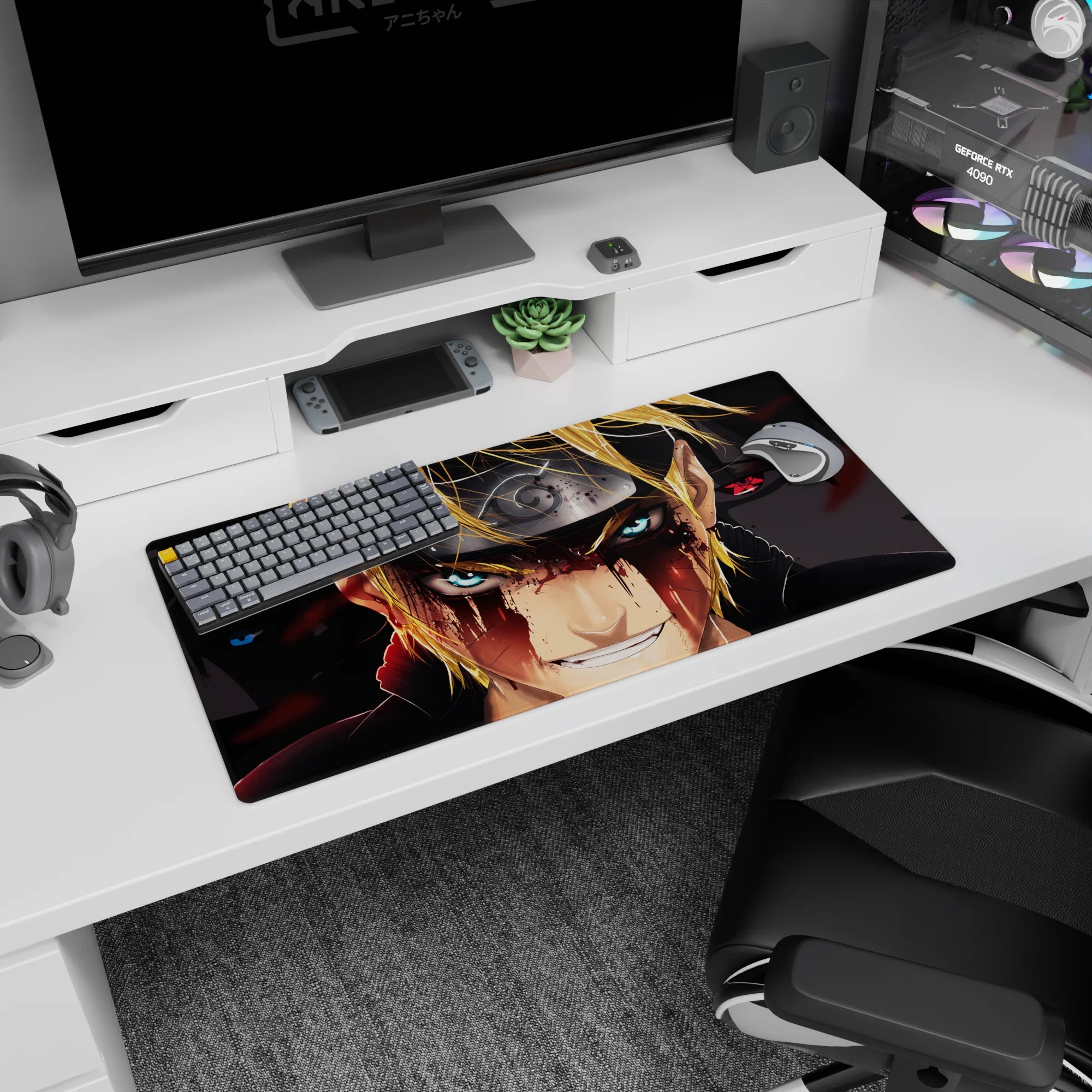 Naruto Uzumaki front with Sasuke Uchiha behind, Sharingan glare scene anime mouse pad, 32x16 inches.