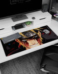 Naruto Uzumaki facing forward with Sasuke behind, Sharingan glare on anime desk pad 36x16 inches.