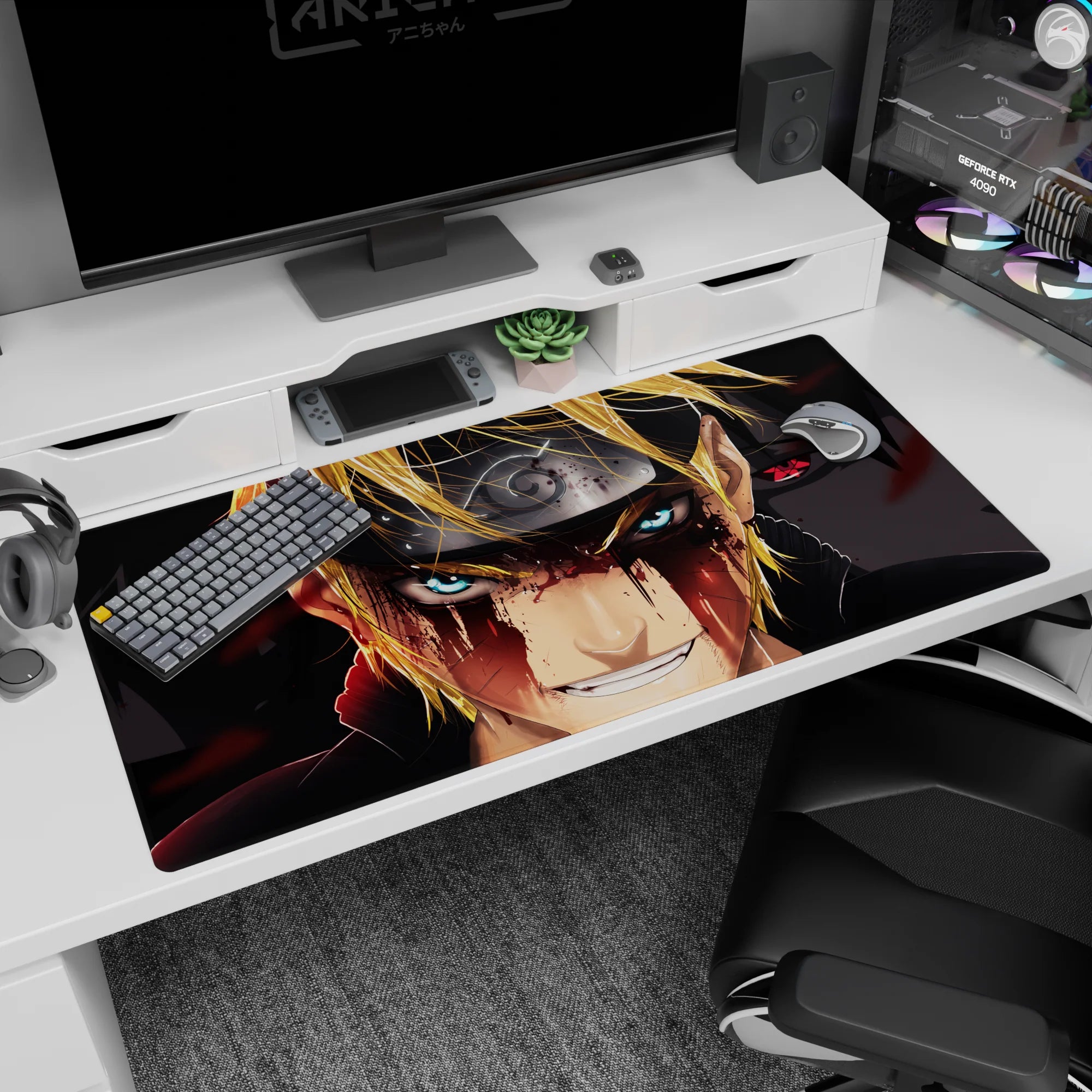 Naruto Uzumaki facing forward with Sasuke behind, Sharingan glare on 40x20 inches anime desk pad.