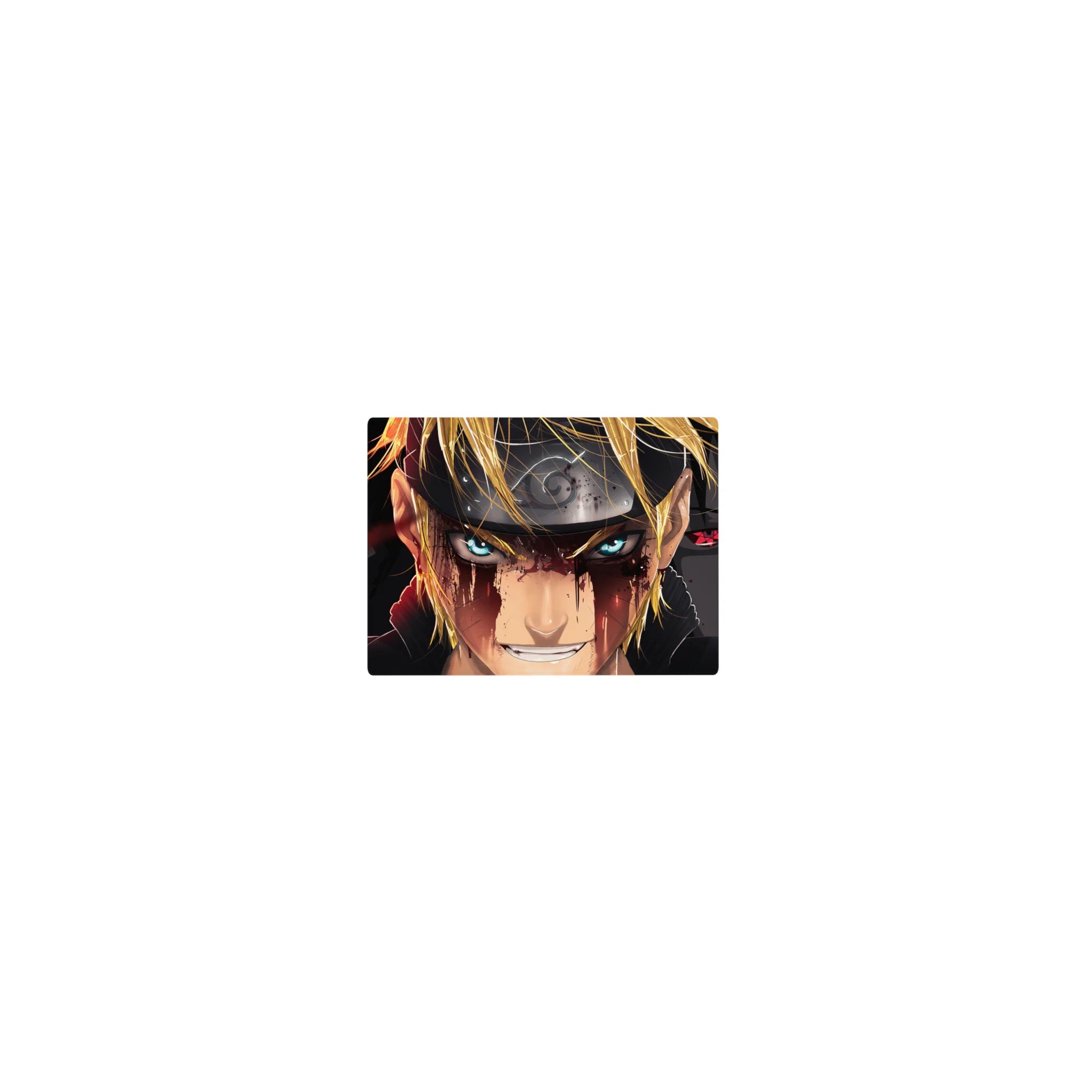 Classic anime mouse pad 14x10 inches with Naruto and Sasuke face-off, Leaf headband, red splatter art.
