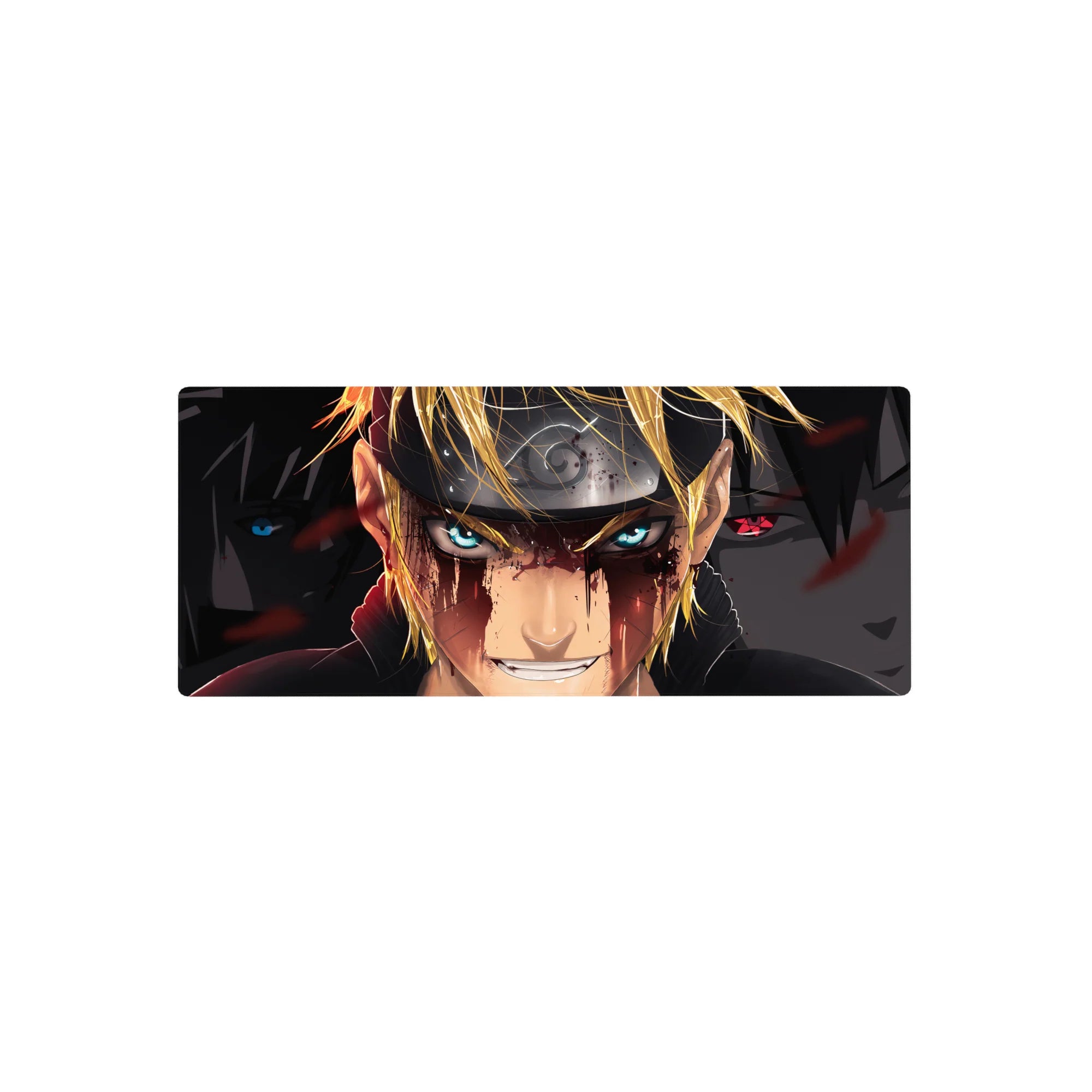 Naruto and Sasuke anime mouse pad 28x12 inches with Leaf headband, red splatter, and shadow art.